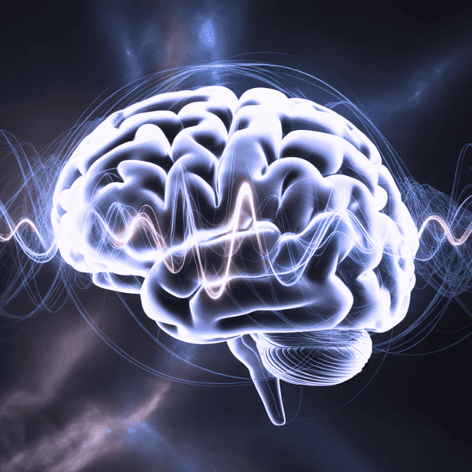 Visualisierung eines Gehirns mit dynamischen Gehirnwellen – Darstellung von Frequenzen, Entspannung und der Wirkung von Klang auf das Nervensystem.