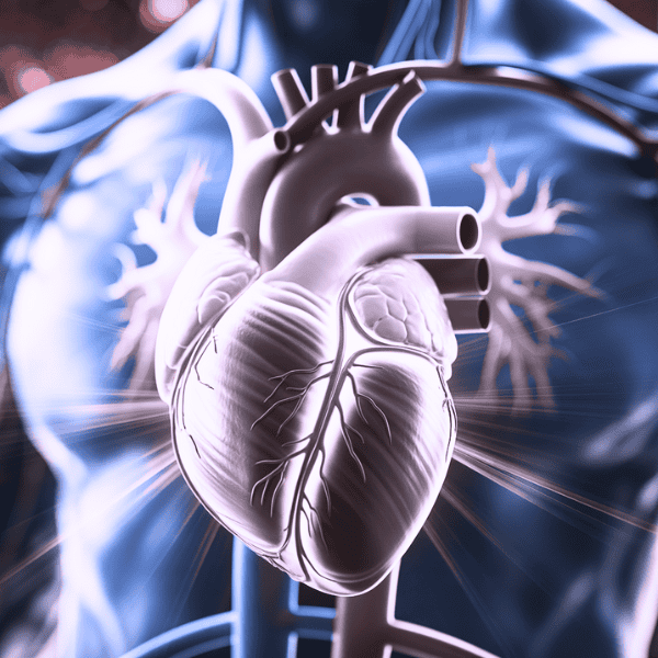 Detailansicht eines menschlichen Herzens mit leuchtenden Adern – visuelle Darstellung von Herzfrequenz, Stressreduktion und der Wirkung von Klang auf das Herz-Kreislauf-System.
