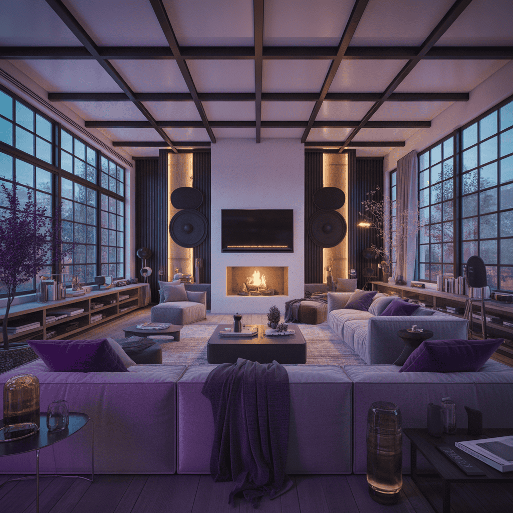 Modernes Wohnzimmer mit Soundsystem, Kamin und stimmungsvoller Beleuchtung – perfektes Zusammenspiel von Klang, Design und Atmosphäre.